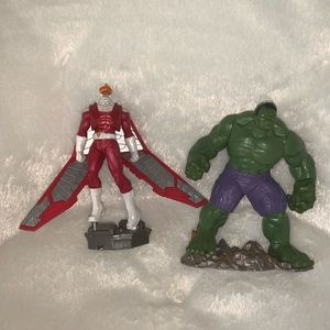 collectible hulk and falcon action figures.